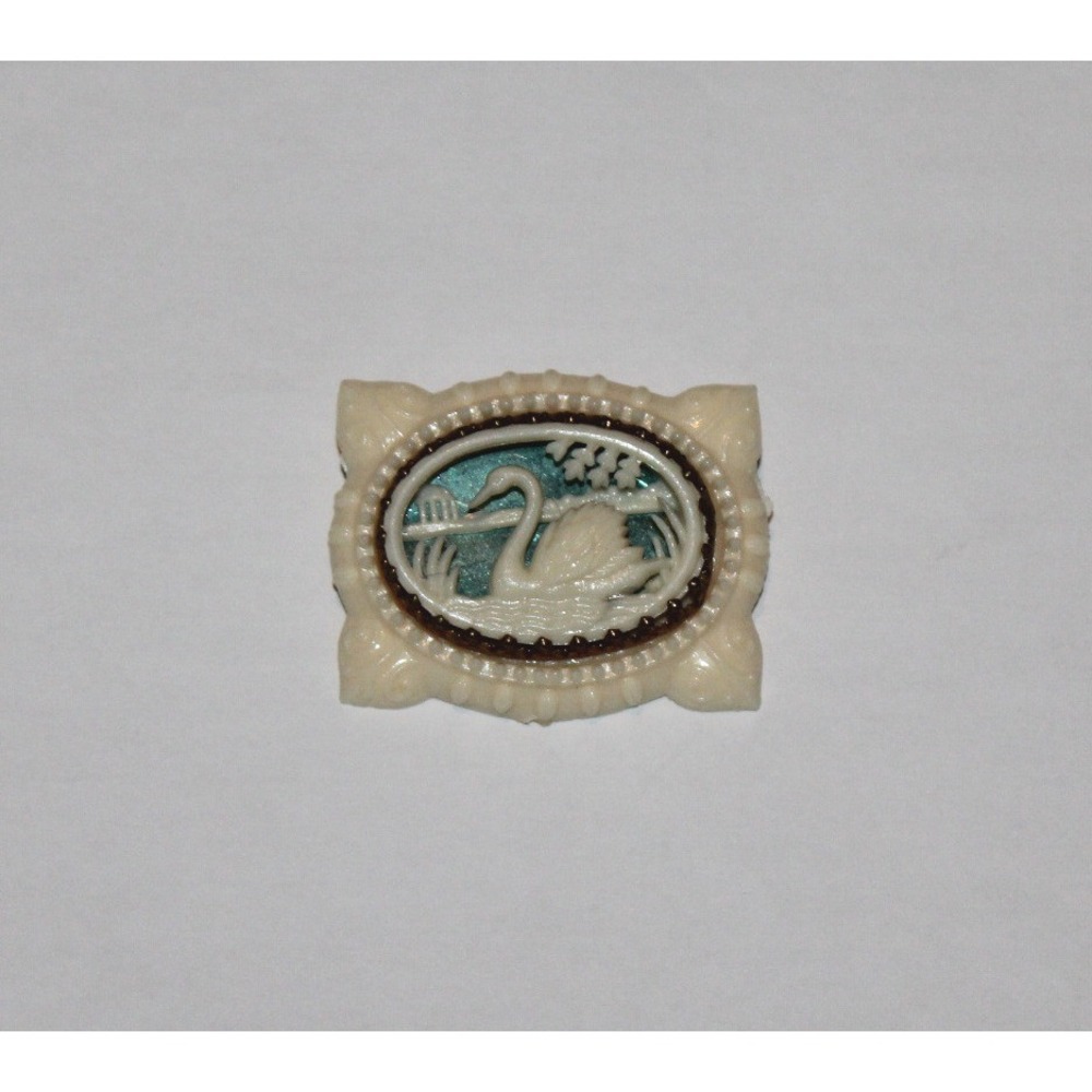 vintage celluloid plastic Art Deco brooch pin cut-out swan design cream / teal